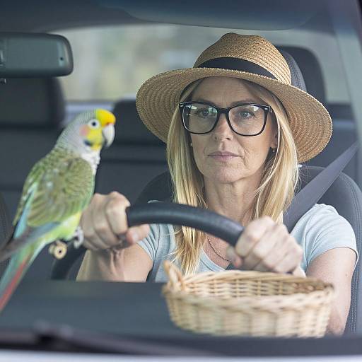 Woman Driving Car with Green Parrot