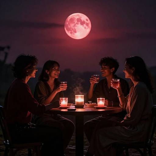 Four people sit around a glowing table under a bright red moon, laughing and drinking. Silhouetted against a dark night sky, lit by candles