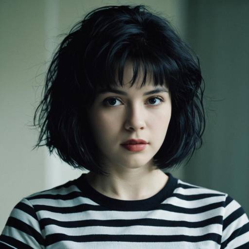 Portrait of Young Woman with Black Hair in Striped Shirt
