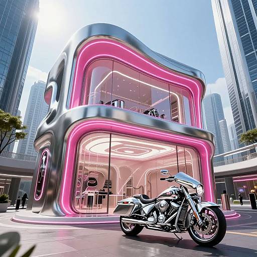 Photorealistic CGI: futuristic neon-lit building with curved silver and pink glowing edges, sleek motorcycle in foreground, urban cityscape background.