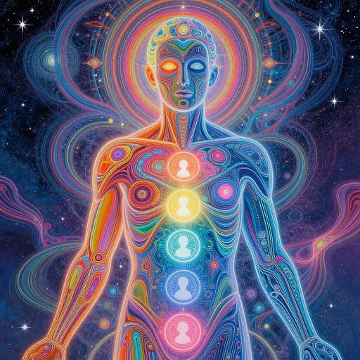 Neon-colored digital art of a glowing, humanoid figure with chakra points, surrounded by swirling cosmic patterns and stars.