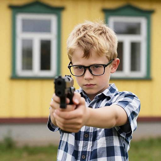 Serious Boy Aiming Handgun at Camera