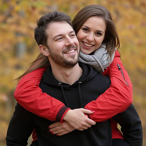 Photograph of a smiling couple in autumn; woman with brown hair, gray scarf, red jacket hugs bearded man in black hoodie.