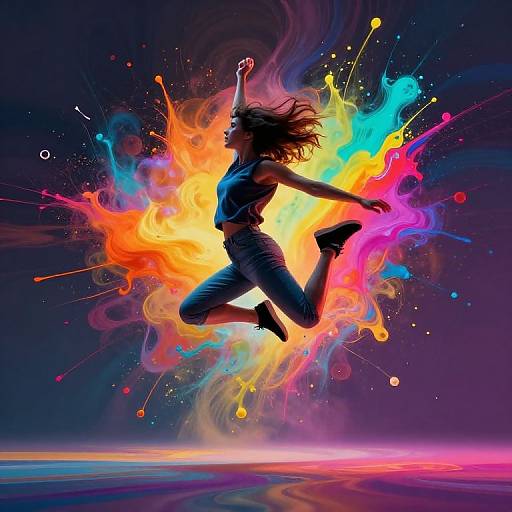 Silhouetted female jumper surrounded by vibrant, colorful splashes of orange, yellow, blue, and pink against a dark background. Digital art.
