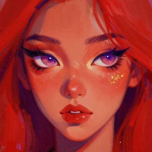 Digital painting of a red-haired, fair-skinned anime-style woman with vivid purple eyes, glossy lips, and sparkling right cheek, set against a vibrant