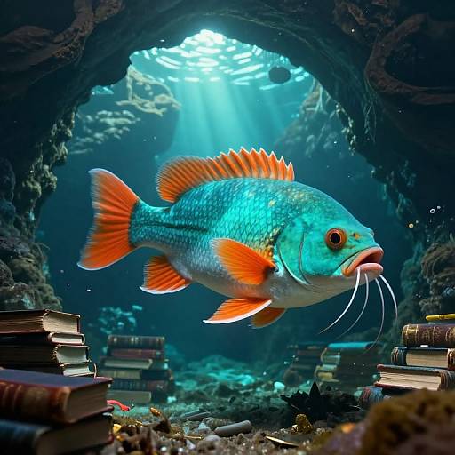 Photograph of a vibrant blue fish with orange fins and whiskers, swimming through an underwater cave filled with stacked books, illuminated by sunlight filtering through the