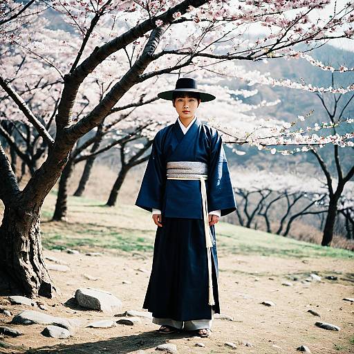 Korean Man in Traditional Hanbok under Cherry Blossoms