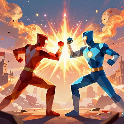 Digital drawing of two polygonal, masked superheroes in red and blue, punching in an explosive cityscape with vibrant fire and light effects.