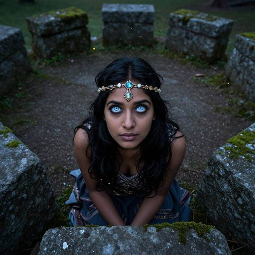 Photograph-style digital art of a woman with glowing blue eyes, black wavy hair, and a jeweled headpiece, kneeling among moss-covered stone