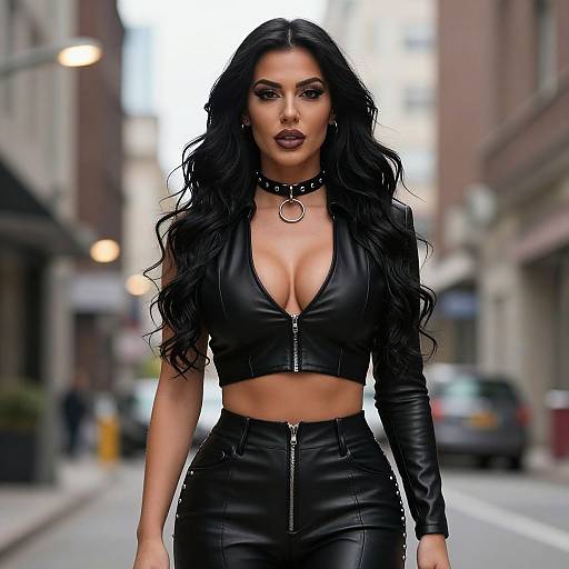 Photograph of a dark-haired woman with long wavy hair, wearing a black leather crop top and high-waisted pants, standing confidently on a