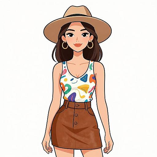 Digital illustration of a smiling Asian woman with long black hair, wearing a beige hat, white floral tank top, and brown high-waisted skirt with