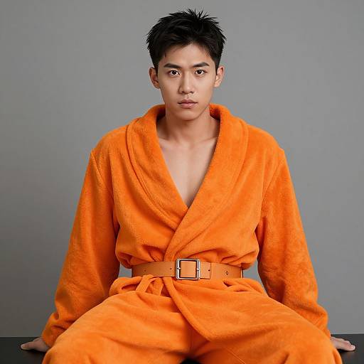 Photograph of an Asian man with short black hair, wearing an orange, fluffy, belted robe, sitting against a gray background.