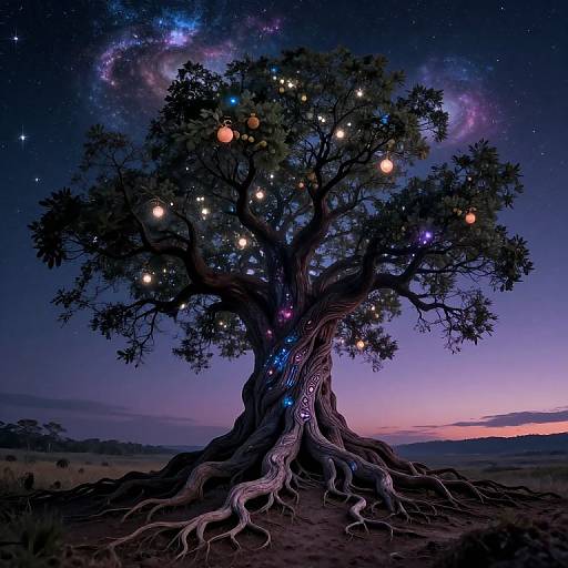 Photorealistic digital artwork of a mystical tree with glowing orbs and cosmic lights, set against a twilight sky with a starry Milky Way. Tree's
