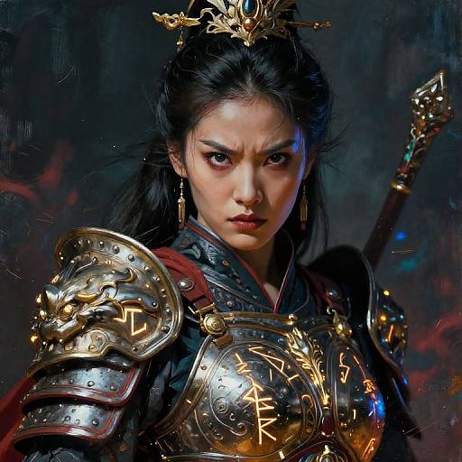 Digital art of a fierce Asian warrior woman with black hair, wearing ornate golden and metallic armor, intense expression, dark background.