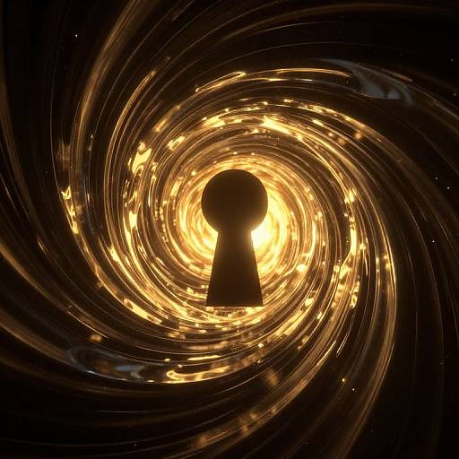 Photograph of a glowing, swirling vortex with bright orange and yellow lights, centered on a black keyhole silhouette, creating a dynamic, tunnel-like effect