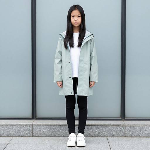 Photograph of a young Asian girl with long black hair, wearing a light gray trench coat, white shirt, black pants, and white sneakers, standing