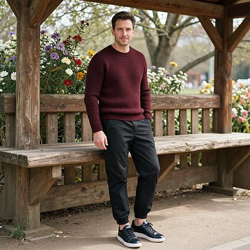 Photograph of a man with short dark hair, fair skin, wearing a maroon knit sweater, black pants, and black sneakers, standing under a