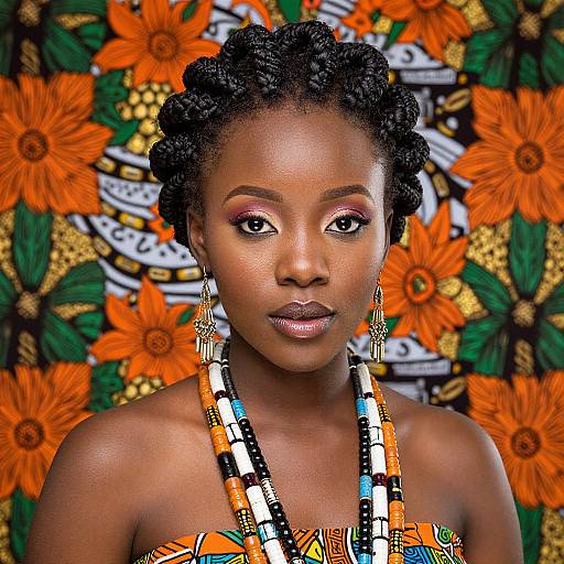 Photograph of a beautiful Black woman with dark skin and short, curly hair, wearing colorful beaded necklace and earrings, set against a vibrant, floral