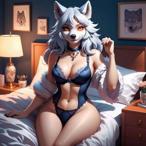 Anime Style Woman in Blue Lingerie with Wolf Ears