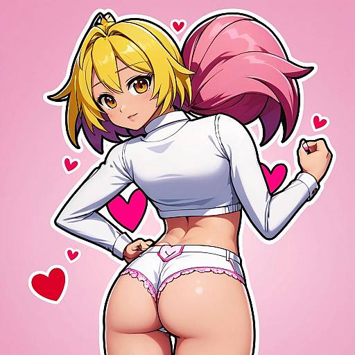 Anime-style digital drawing of a blonde, pink-haired girl with yellow eyes, white crop top, and white lace-trimmed panties, showing her butto