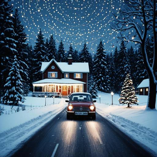 Car Driving on Snowy Road by Festive House at Night