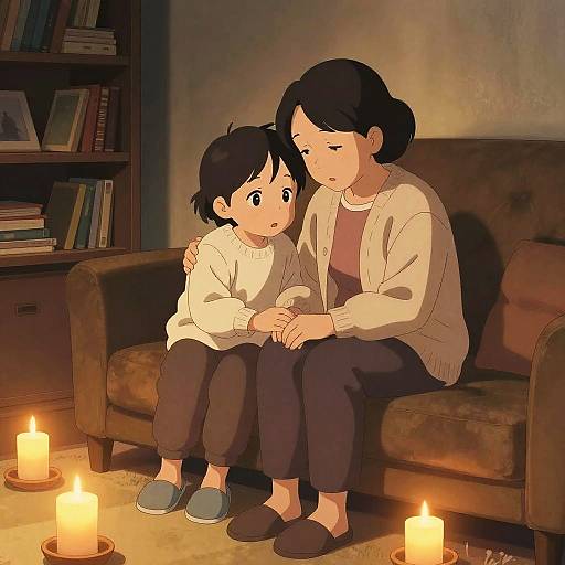 Digital anime-style illustration of a mother and child sitting on a brown couch, surrounded by candles, in a warmly lit room. Mother wears beige cardigan