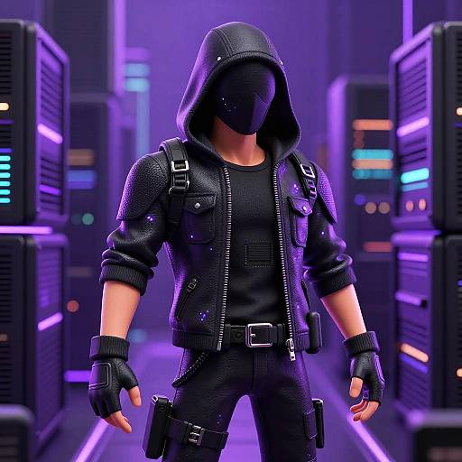 Digital artwork of a faceless, hooded, black-clad figure with gloves and tactical gear, standing in a neon-lit, futuristic server room
