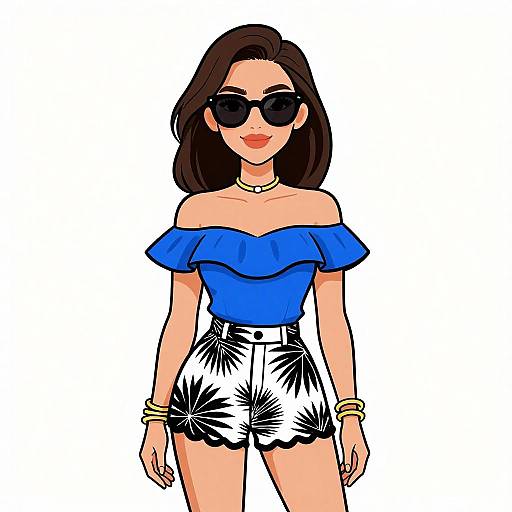 Digital illustration of a stylish woman with dark hair, wearing black sunglasses, blue off-shoulder top, white floral shorts, and gold bracelets, standing