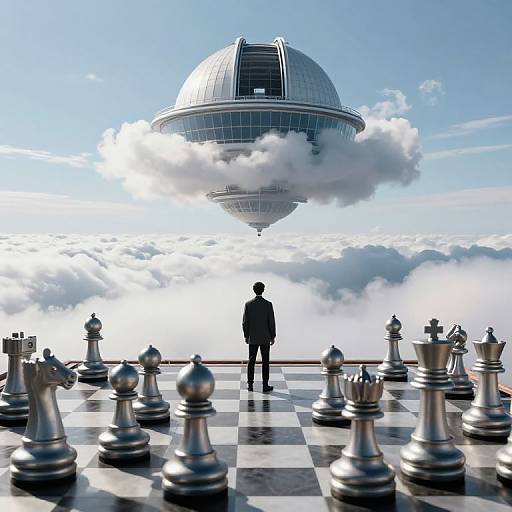 Silhouetted figure in suit stands on chessboard, facing floating space station amidst clouds; surreal, digital art with high contrast.