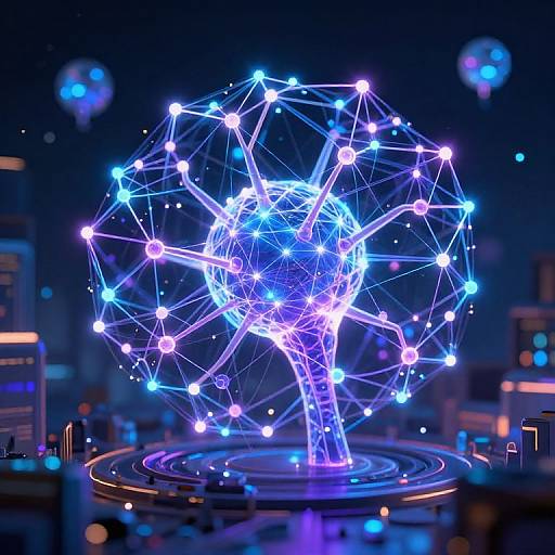 Photorealistic CGI of a glowing blue and purple network tree with interconnected lights, set against a dark, futuristic cityscape background.