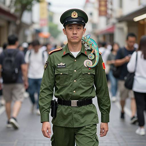 Photograph of an Asian male soldier in green uniform with dragon insignia, black hat, standing in a busy urban street. Blurred pedestrians in background