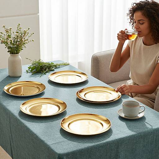 Photograph of a curly-haired woman in a white sleeveless top sipping tea from a cup on a blue table with gold plates and a white vase