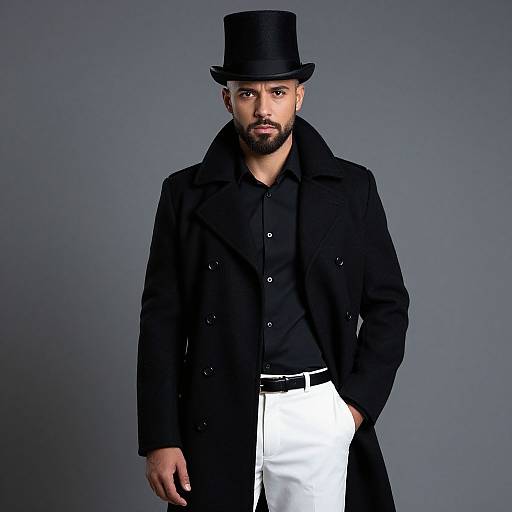 Photograph of a bearded man with dark skin and black top hat, wearing a black coat over a black shirt, white pants, and a black