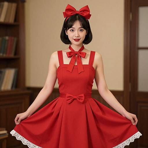 Photograph of an Asian woman with short black hair, wearing a red dress with white lace trim, red bow, and matching bow headband, standing