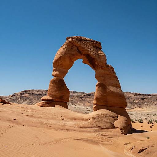 Photograph of a towering, natural sandstone arch in a desert landscape under a clear, bright blue sky, with sandy terrain and distant rocky hills.