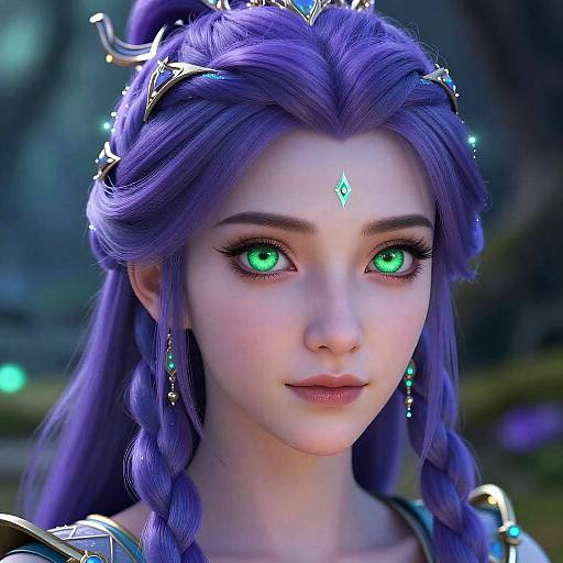 CGI close-up of a beautiful, ethereal woman with vibrant purple hair, glowing green eyes, and a gem-studded crown, set against a
