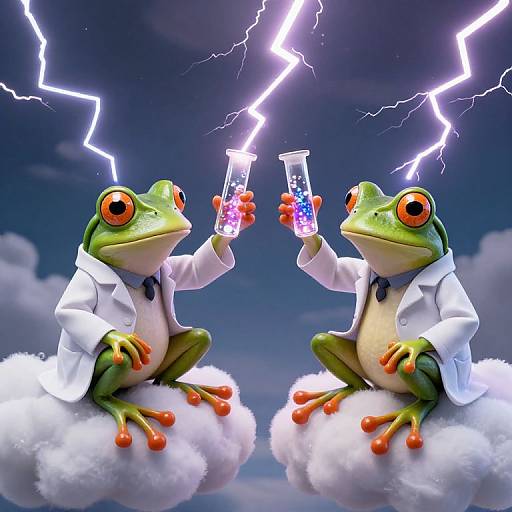 Photorealistic digital art of two green frogs in white lab coats, sitting on clouds, holding test tubes, against a stormy sky with lightning.