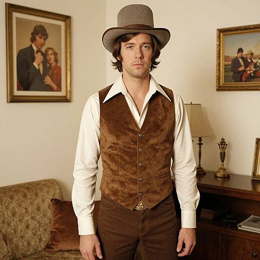 Photograph of a man with medium brown hair, wearing a brown velvet vest, white shirt, and grey bowler hat, standing in a warmly lit