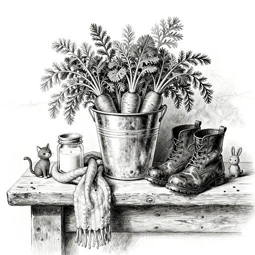 Whimsical Black-and-White Rustic Still Life