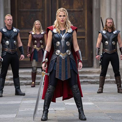Photograph of a fierce blonde warrior woman in black armor with red cape, holding a sword, flanked by three muscular men, in front of a