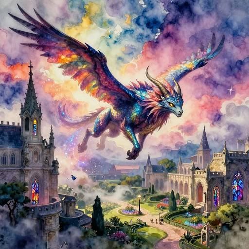 Digital fantasy artwork: vibrant, multicolored phoenix-like dragon with glowing feathers soars over a medieval village with colorful stained glass windows and lush gardens.