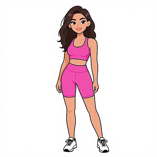 Digital illustration of a smiling young woman with long black hair, wearing a pink sports bra and shorts, white sneakers, standing against a white background.