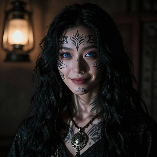 Photograph-style digital artwork of a woman with blue eyes, black wavy hair, intricate black facial and neck tattoos, wearing a black top and orn