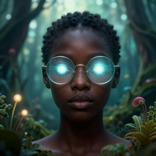 Photograph of a dark-skinned person with curly hair wearing round glasses with glowing blue lenses, standing in a mystical forest with blurred, illuminated plants in