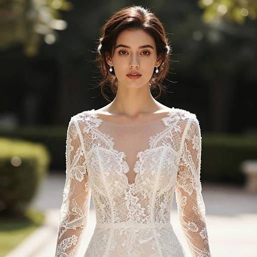 Photograph of a beautiful woman with fair skin, dark hair, and delicate features, wearing an intricate white lace wedding dress with a deep V-neck,