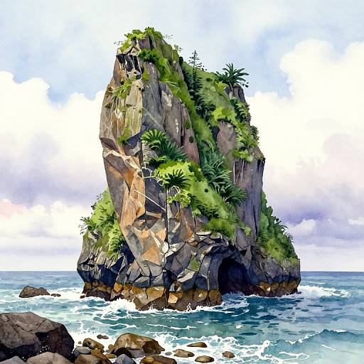 Jagged Rock Formation Watercolor Scene
