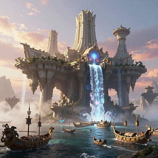 Fantasy digital artwork: towering, glowing, floating city with waterfall, surrounded by medieval ships on a misty, sunset-lit ocean.