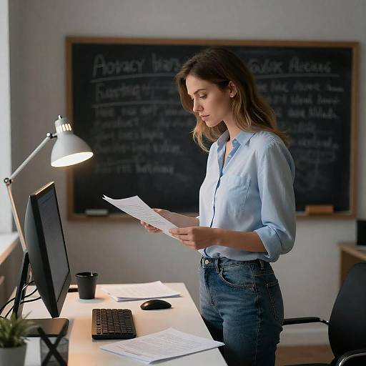 Woman Reading Papers at Desk