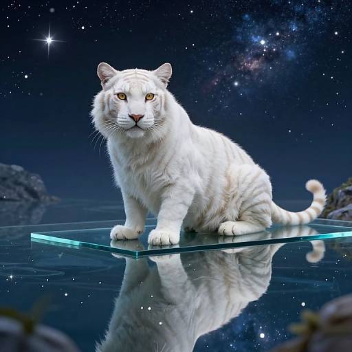 Photorealistic digital image of a majestic white tiger with striking orange eyes, sitting on a glass platform, reflecting on a starry, cosmic night sky