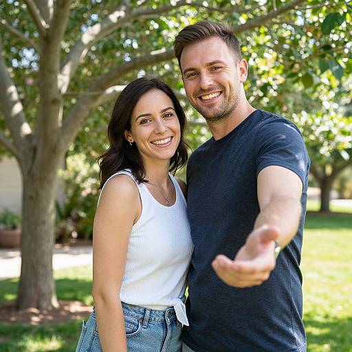 Photograph of smiling couple outdoors: woman with black hair in white tank top, jeans; man with short brown hair, beard, black t-shirt,